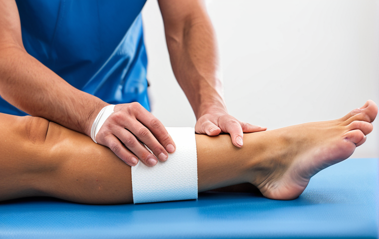 Sports Physiotherapy Clinic**
"A sports physiotherapist demonstrating proper taping technique on an athlete's ankle, fully clothed, in a bright and modern physiotherapy clinic. Exercise equipment and anatomical charts are visible in the background. Focus on correct form and educational setting. Safe for work, appropriate content, professional, modest clothing, perfect anatomy, natural proportions, well-formed hands, proper finger count, natural body proportions, family-friendly."
**