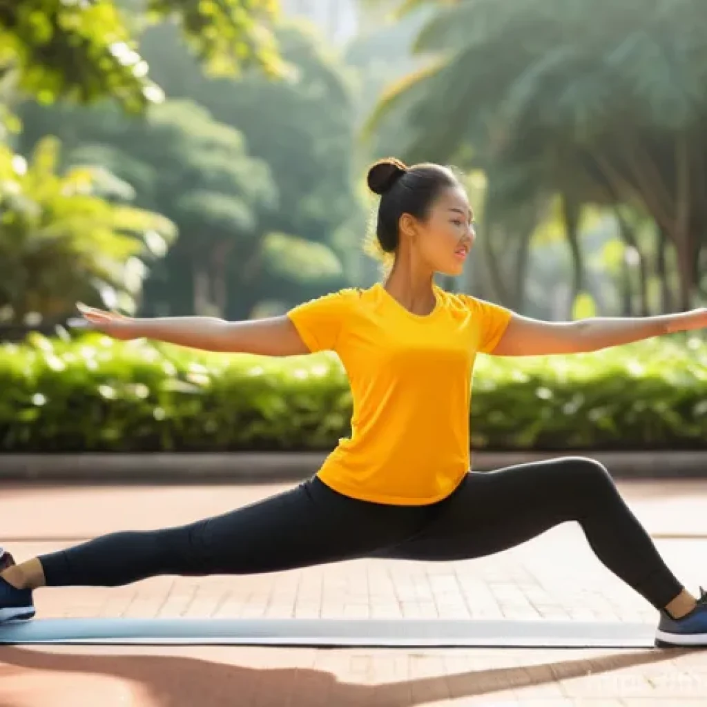 스포츠의학 전공 과목 - **Image Prompt: Proactive Wellness & Stretching**
"A fit young adult, appearing ethnically Thai ...
