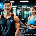 스포츠의학 분야의 자격증 혜택 - A professional Thai fitness trainer wearing branded sportswear and a certified sports medicine speci...