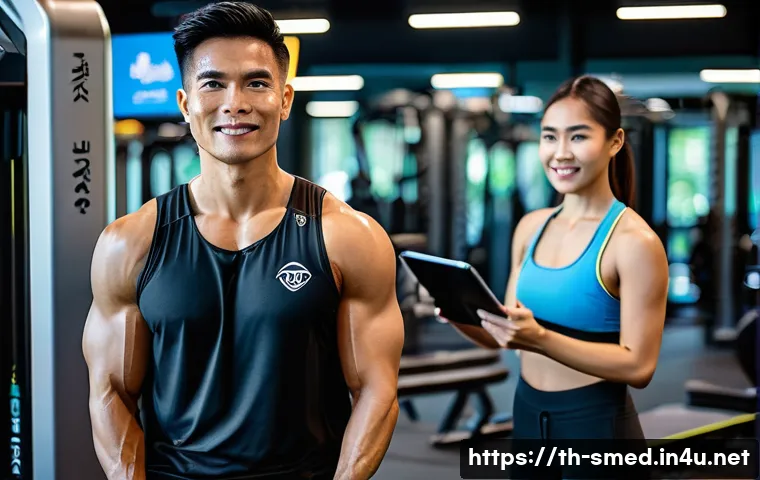 스포츠의학 분야의 자격증 혜택 - A professional Thai fitness trainer wearing branded sportswear and a certified sports medicine speci...