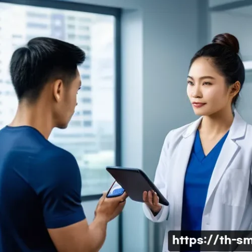 스포츠의학 전문가로서의 직업 윤리 - A professional sports medicine doctor in a modern clinic setting, communicating clearly and empathet...