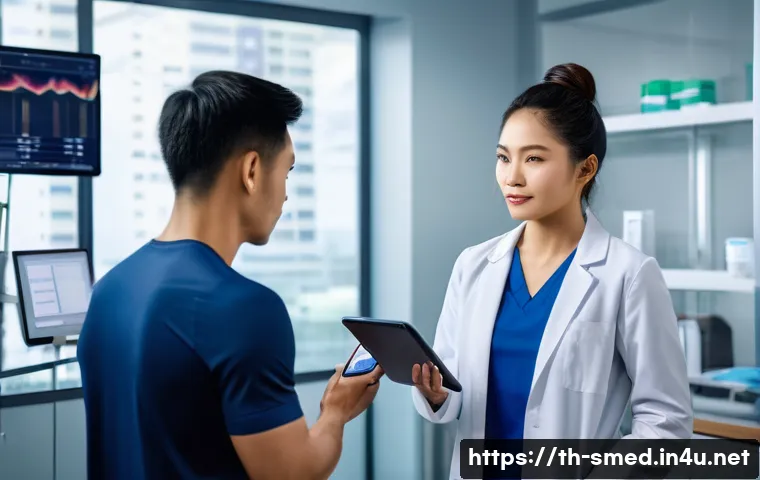 스포츠의학 전문가로서의 직업 윤리 - A professional sports medicine doctor in a modern clinic setting, communicating clearly and empathet...