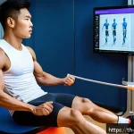 스포츠의학 직무 교육과정 - A professional sports rehabilitation clinic scene featuring a Thai male athlete wearing athletic com...