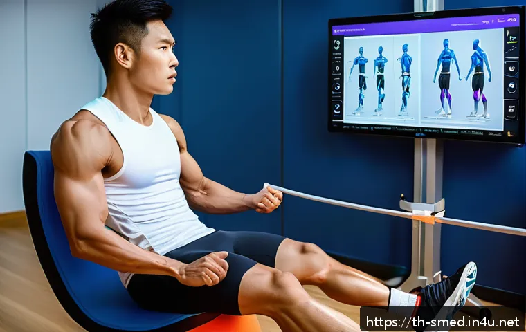 스포츠의학 직무 교육과정 - A professional sports rehabilitation clinic scene featuring a Thai male athlete wearing athletic com...